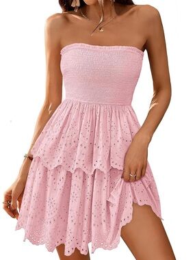 BTFBM Summer Dress Strapless Mini Hollow Out Lace- Pink. Size S